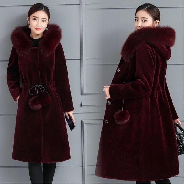 Faux Fur Coat Women Hooded Mink Cashmere Slim Fit Plus Size Solid Long Sleeve Thick Warm Single Breasted Fur Coat S(weight 40-50kg) burgundy