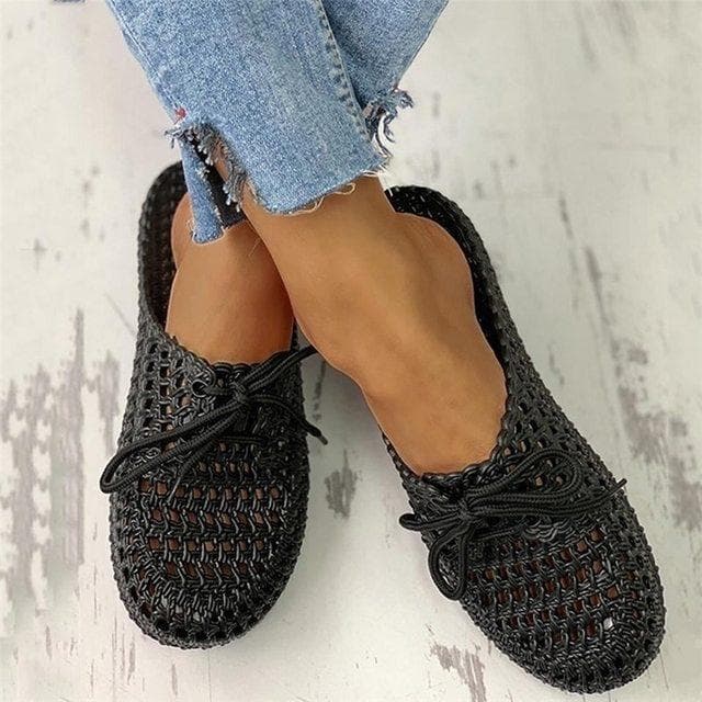 Summer Slippers Shoes Woman Closed Toe Breathable Flip Flops Women Hollow Out Lace Up Outdoor Slides Women Flat 40 black
