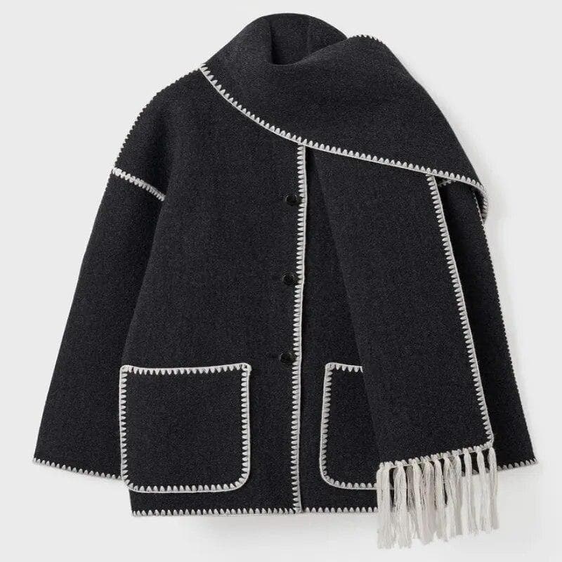 Woolen Jacket Women Autumn Patchwork Tassel Scarf Single Breasted Pocket Coats Casual Fashion Long Sleeve Loose Top Streetwear M white
