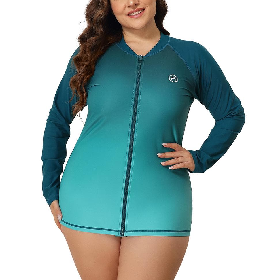 Charmleaks Women's Long Sleeve Rash Guard UV Sun Protection Zipper Gradient Swimsuit Top 2X green