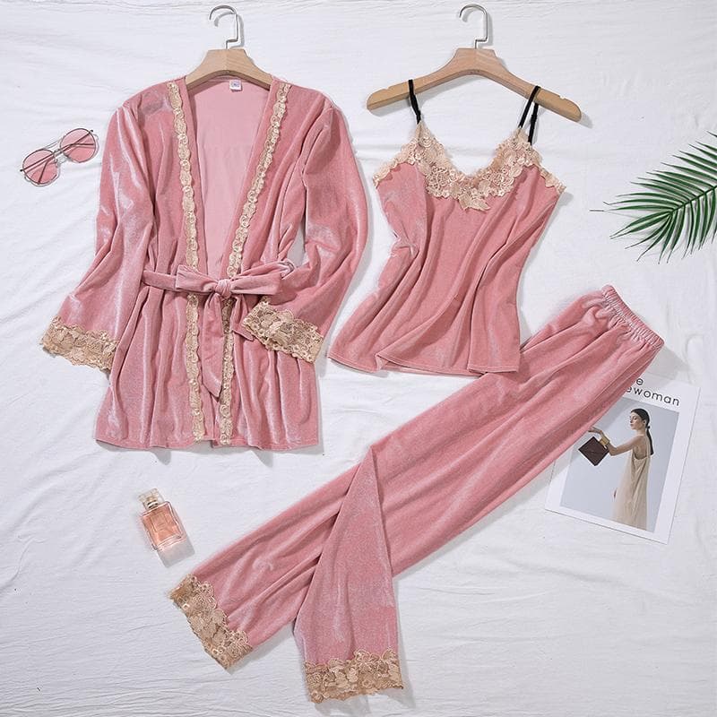 Velvet Pajama Set Women's 2 Piece Robe Pajama Set Pajamas Women's Winter Velvet Bathrobe Dress L