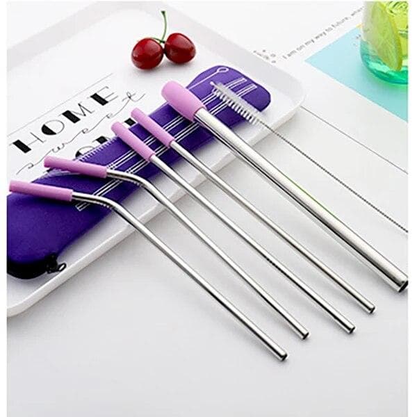 6Pcs/set Reusable Silicone Boba Bubble Tea Drink Straw + Clean Brush Stainless Steel Straws Set purple