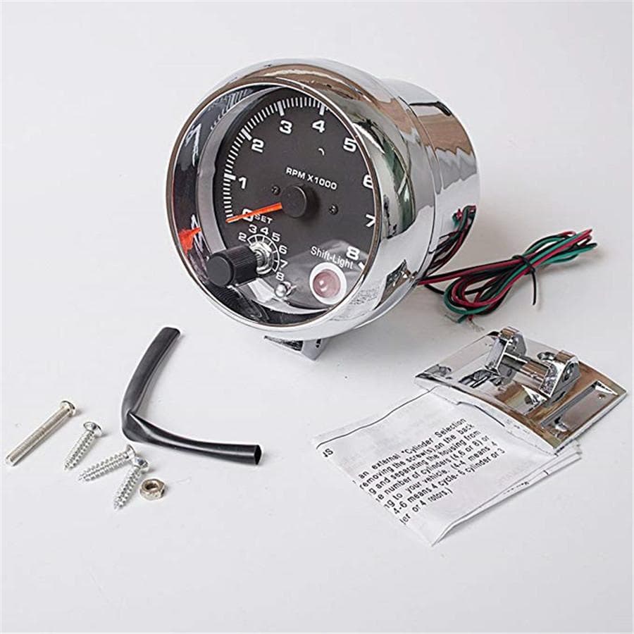 Chrome 3 3/4 Analog Car Tachometer Gauge Tacho Revolution 8000 RPM Shift Light