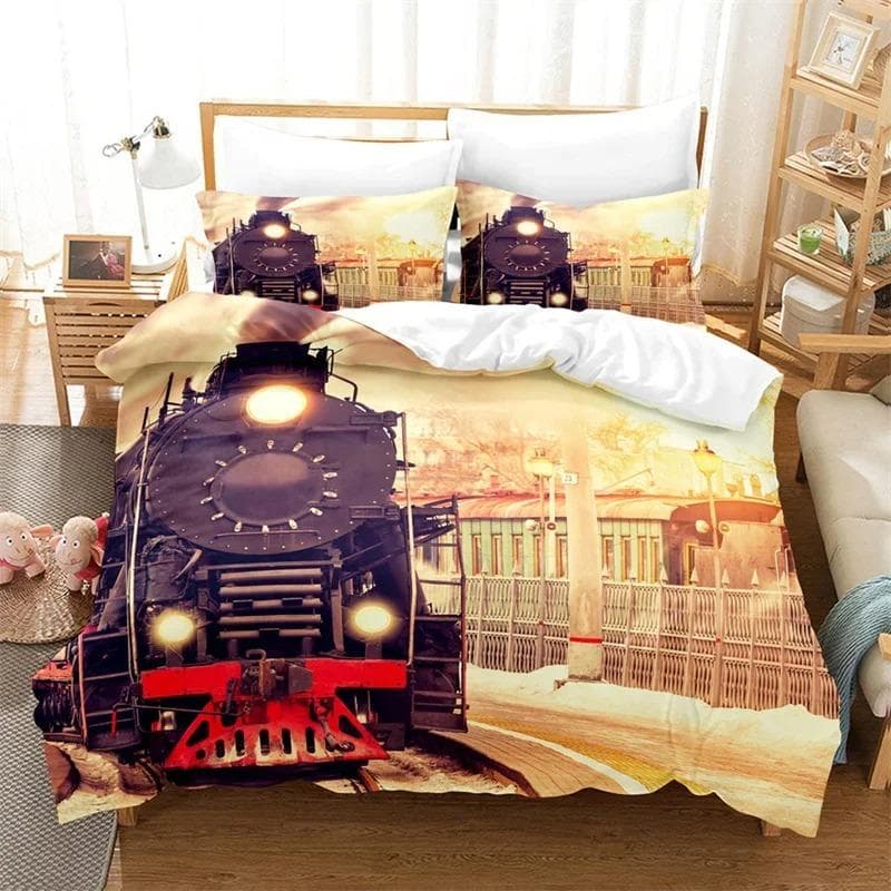 Train Duvet Cover Full Size Boys Steam Engine Bedding Set Microfiber 3D Rail Vehicles Comforter Cover For Kids Teens Room Decor EU King 240x220cm