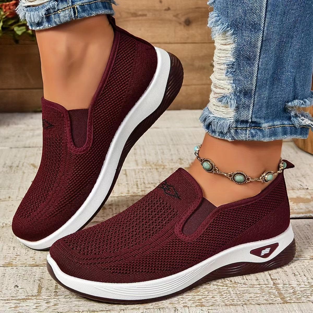 Women's Breathable Knit Slip-On Sneakers Lightweight, Comfortable Walking Shoes for All-Season Casual Outdoor Activities 35 wine