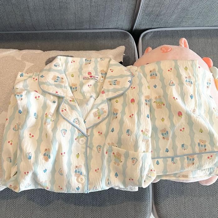 Bear Print Sleepwear Women Pajama Sets Summer 2 Pieces Night Wears for Sleeping Student Cute Home Suit Korean Fashion M