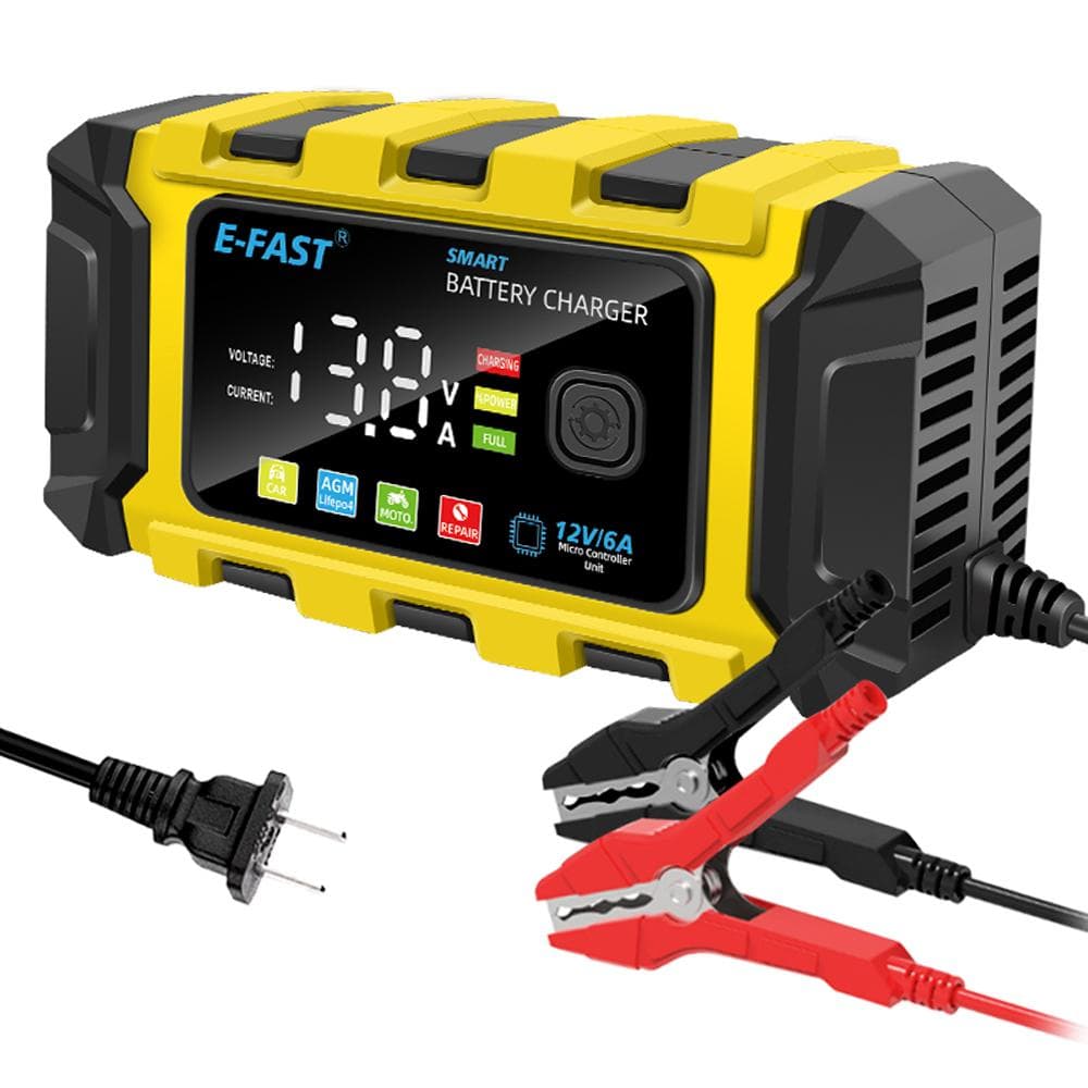 E-FAST Car Battery Chargers 12V6A Full Automatic Battery Chargers Maintainer Portable Trickle yellow