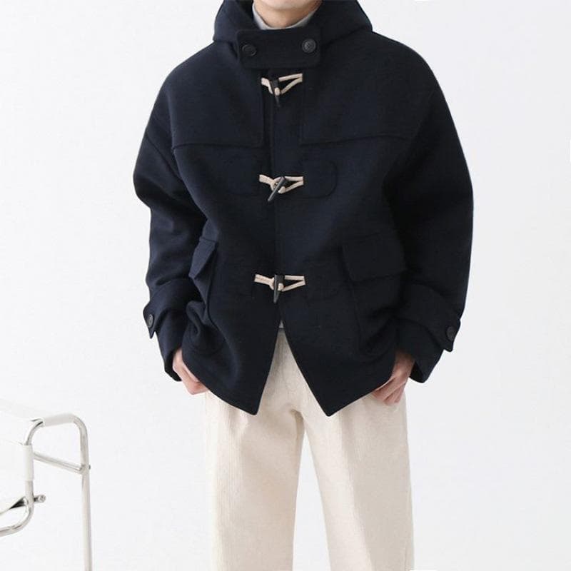 Set of Men's Autumn and Winter Warm Cotton Clothes Korean Version Loose Horn Buckle Short Woolen Coat M