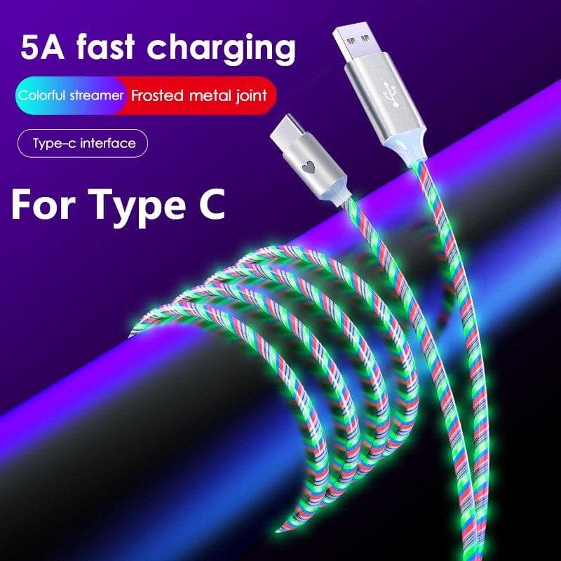 2.4A Flowing Colors LED Glow USB Charger Type C Cable for Android Micro USB Charging Cable for iPhone 11 12 pro max Samsung Charge Wire Cord Type C-1M multicolour