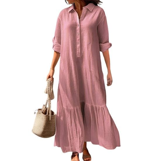 Women's Cotton Linen Shirt Dress Long Sleeve V Neck Button Up Maxi Dress Casual Plus Size Flowy Long Dress M pink