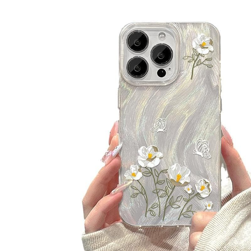 Applicable To Apple 15pro Mobile Phone Case Iphone14 White Bouquet 13 Feather Yarn IMD Laser 12 High-end Women's Style iPhone SE (2nd Generation)