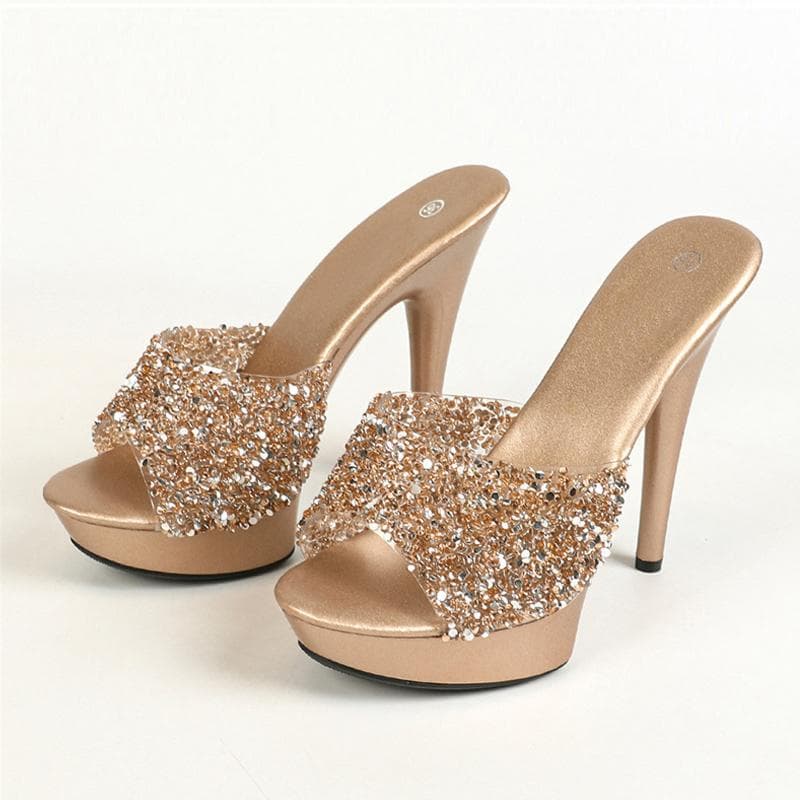Liyke New Style Glitter Sequined PVC Transparent Shoes Women Platform Slippers Sexy Open Toe Stripper High Heels Summer Sandals 34 golden