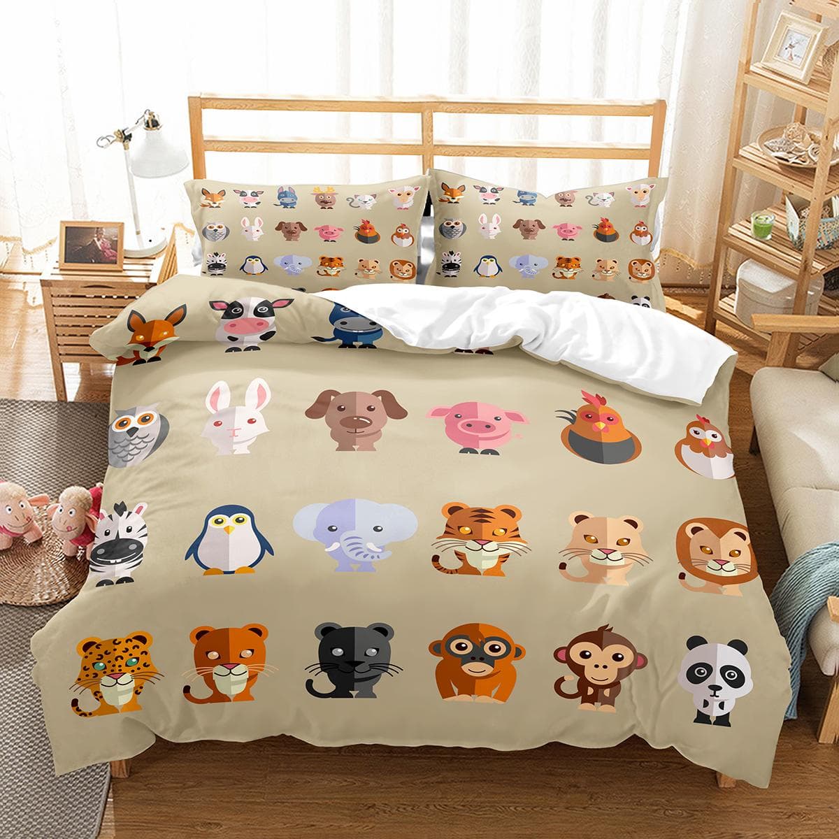 Farm Animals King Queen Duvet Cover Kids Cartoon Cow Bedding Set Deer Wooden House Chick Quilt Cover Polyester Comforter Cover 140x210cm 2pcs