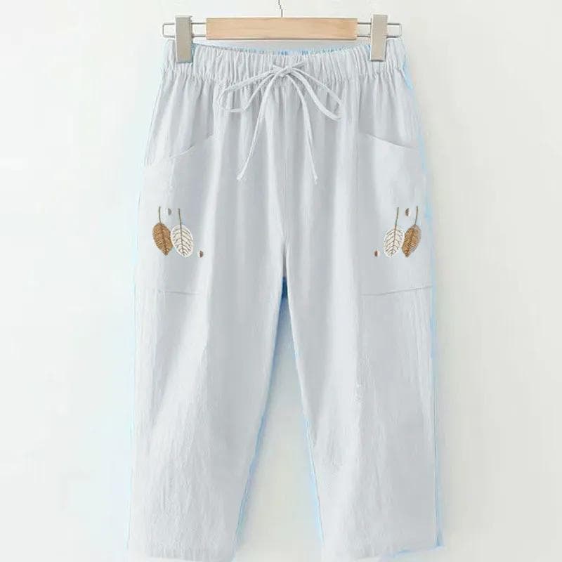 100% Cotton Thin Pants, Summer New, Large Size, Embroidered, Straight Pants, Women's, Elastic Waist, Versatile, Casual Capris 4XL white
