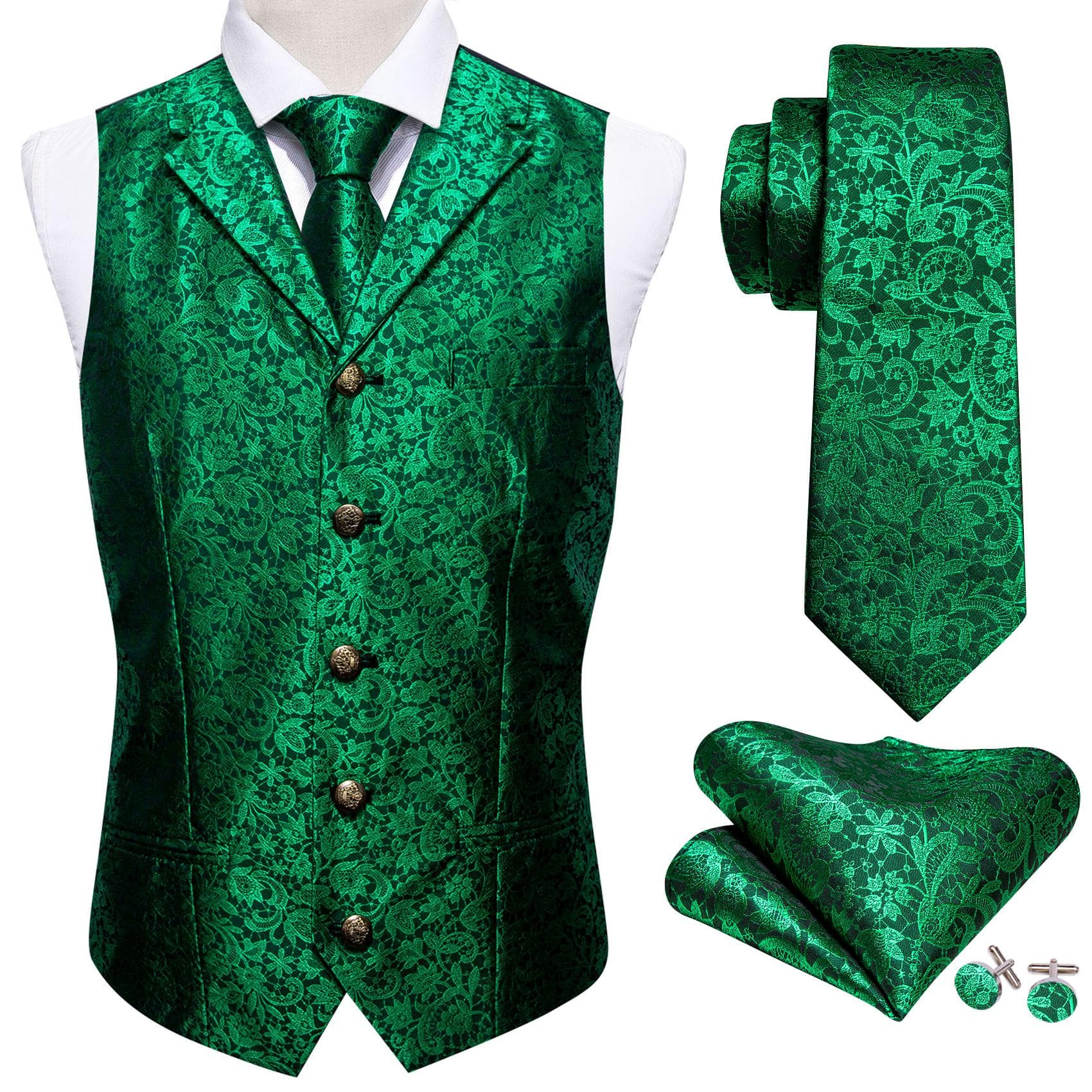 Barry.Wang Mens Waistcoat Vest Tie Hankerchief Cufflinks Dark Red Paisley Collar Copper Buckle Jacquard Woven Silk Wedding Dating Party Set 2XL