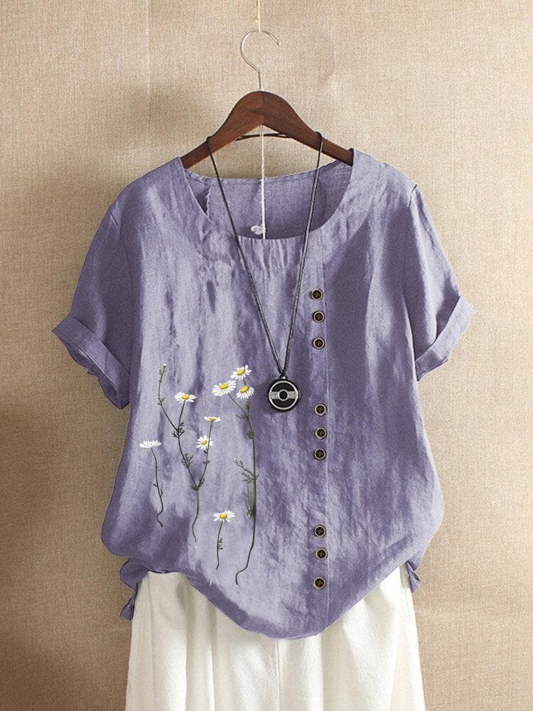 Cotton and Linen Printed T Shirt Tops Women's Summer Loose T Shirt Shirts M dark purple