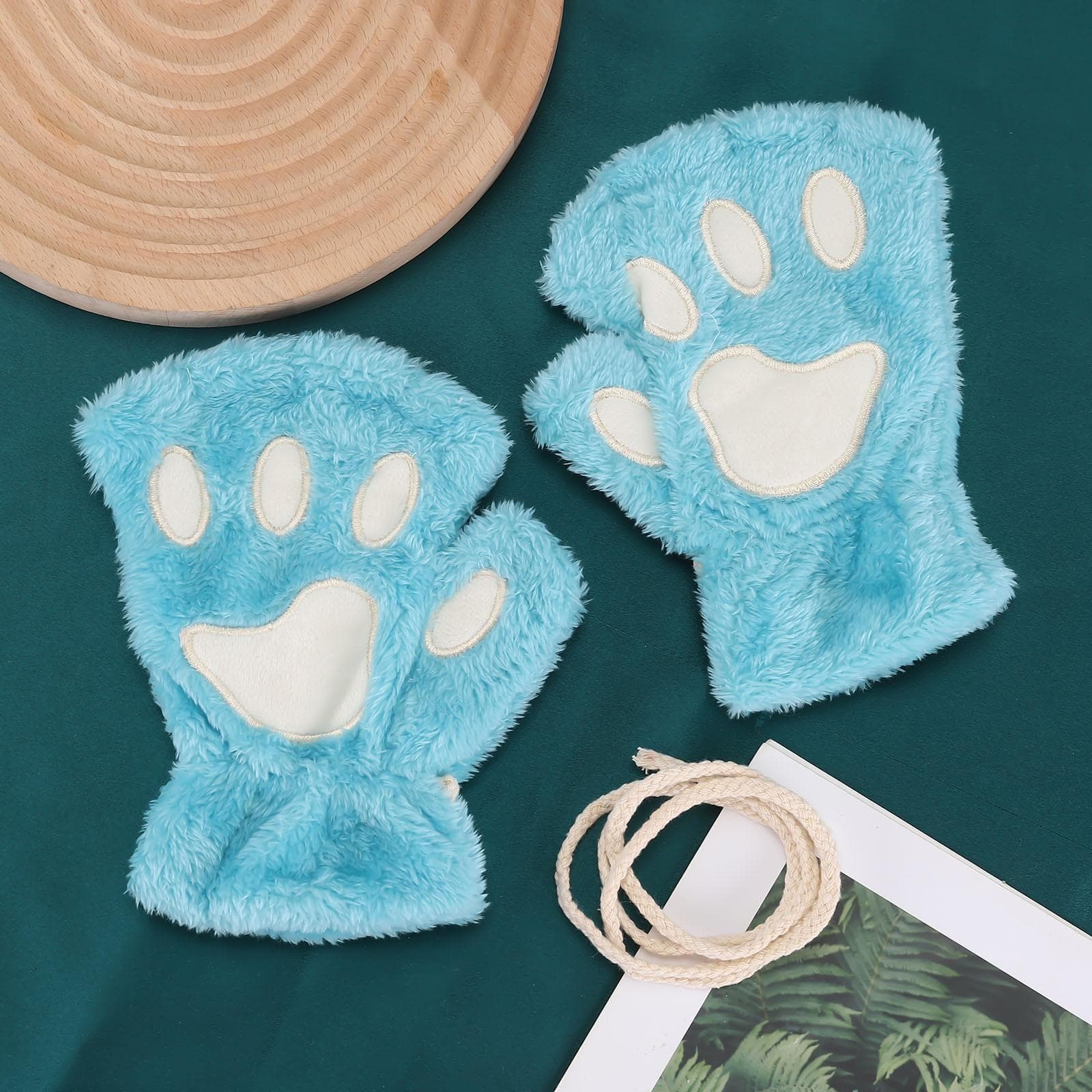 Cat's Paw Gloves Ladies Winter Korean Cute Girls Fingerless Thick Warm Bear's Paw Plush Half-finger Gloves blue