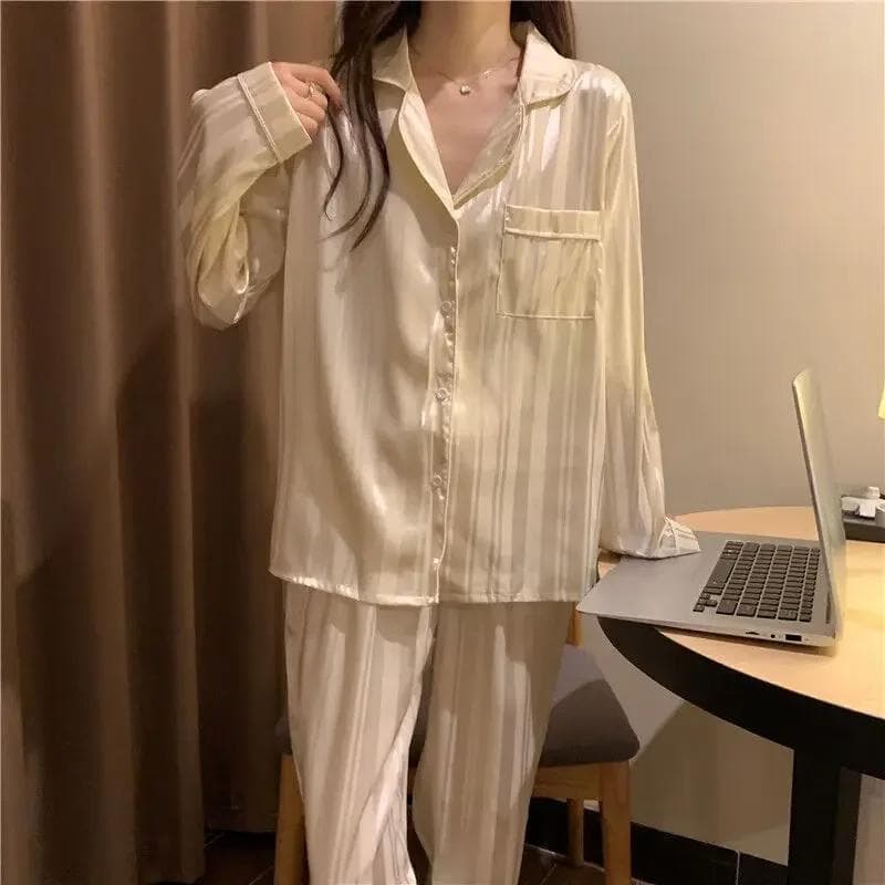 Women's Spring and Autumn Two-piece Pajamas, Ice Silk Stripes, Simple Casual Temperament, Sweet Home Wear, Women's Pajamas 2XL