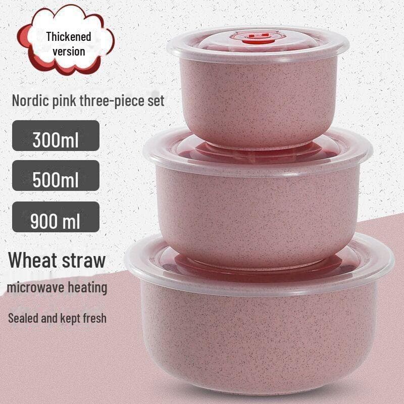 Eco-Friendly Wheat Straw Bowl Set: 3-Piece Food Storage with Lids, Microwave Safe for Reheating, Perfect for Fridge Use. three-piece set
