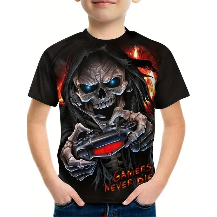 Boys And Girls 3d Print Casual T-shirt Kids Creative Crazy Gamer Skull Graphic Short Sleeve Tee Stylish Streetwear Tops Clothing 13-14Y