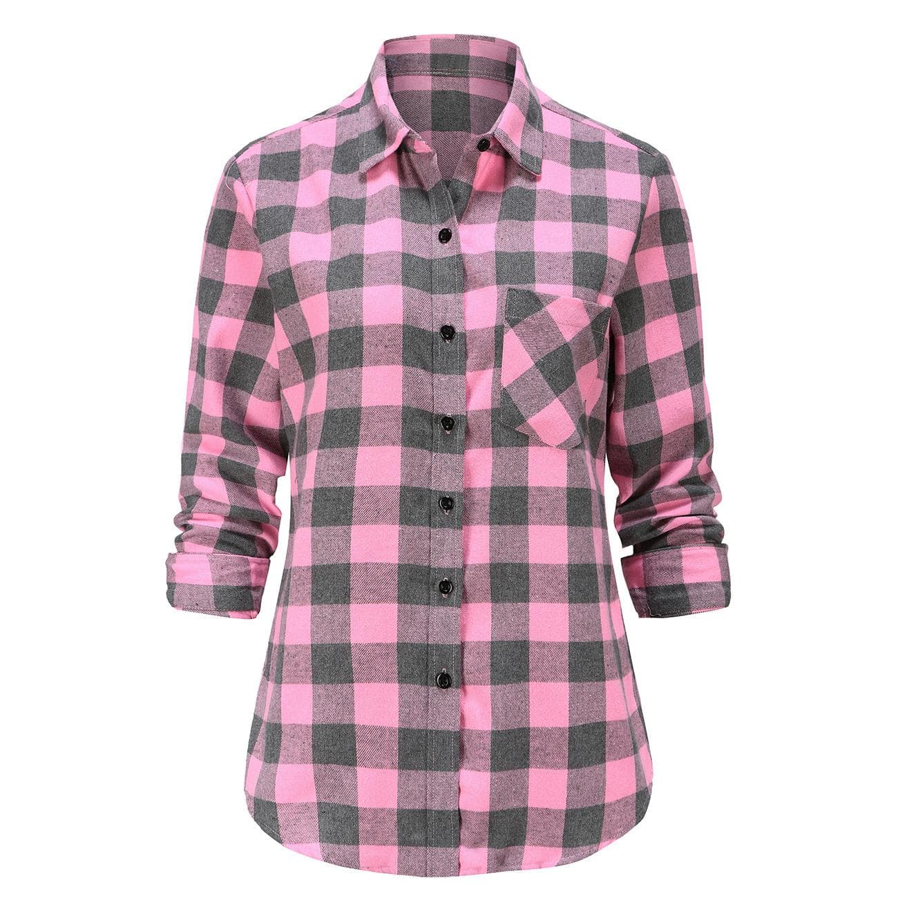 Dioufond Women Plaid Flannel Shirt Long Sleeve Flannel Plaid Tops L pink