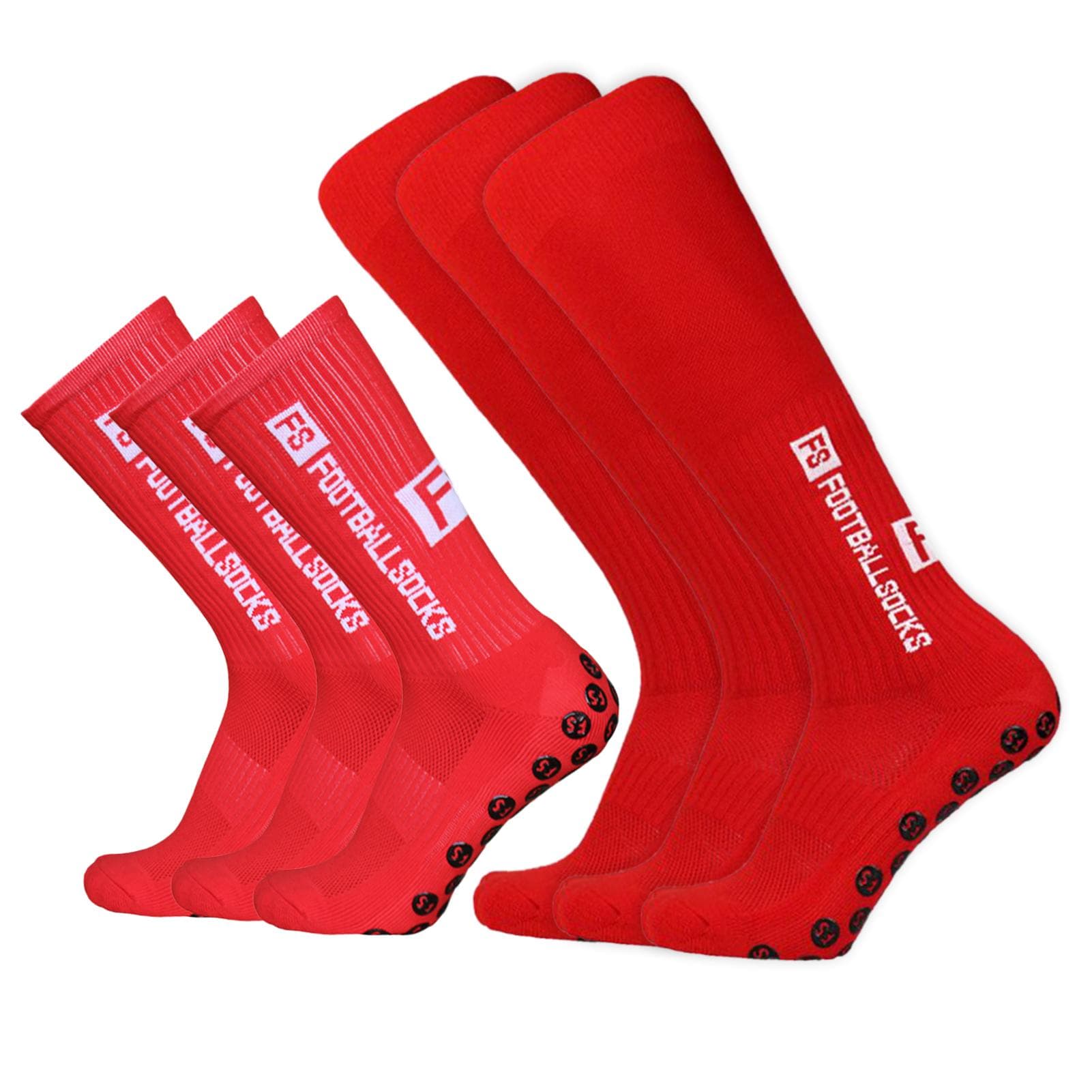 6 Pairs Football Socks Crew Socks and Knee High Socks Set Anti Slip Athletic Running Socks Outdoor 3 pairs long & 3 pairs short red