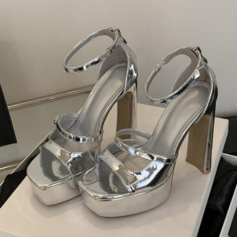 Liyke Summer Fashion Zip Cover Strap Women Platform Sandals Cozy Patent Leather Chunky High Heels For Woman Party Dress Shoes 38 silver