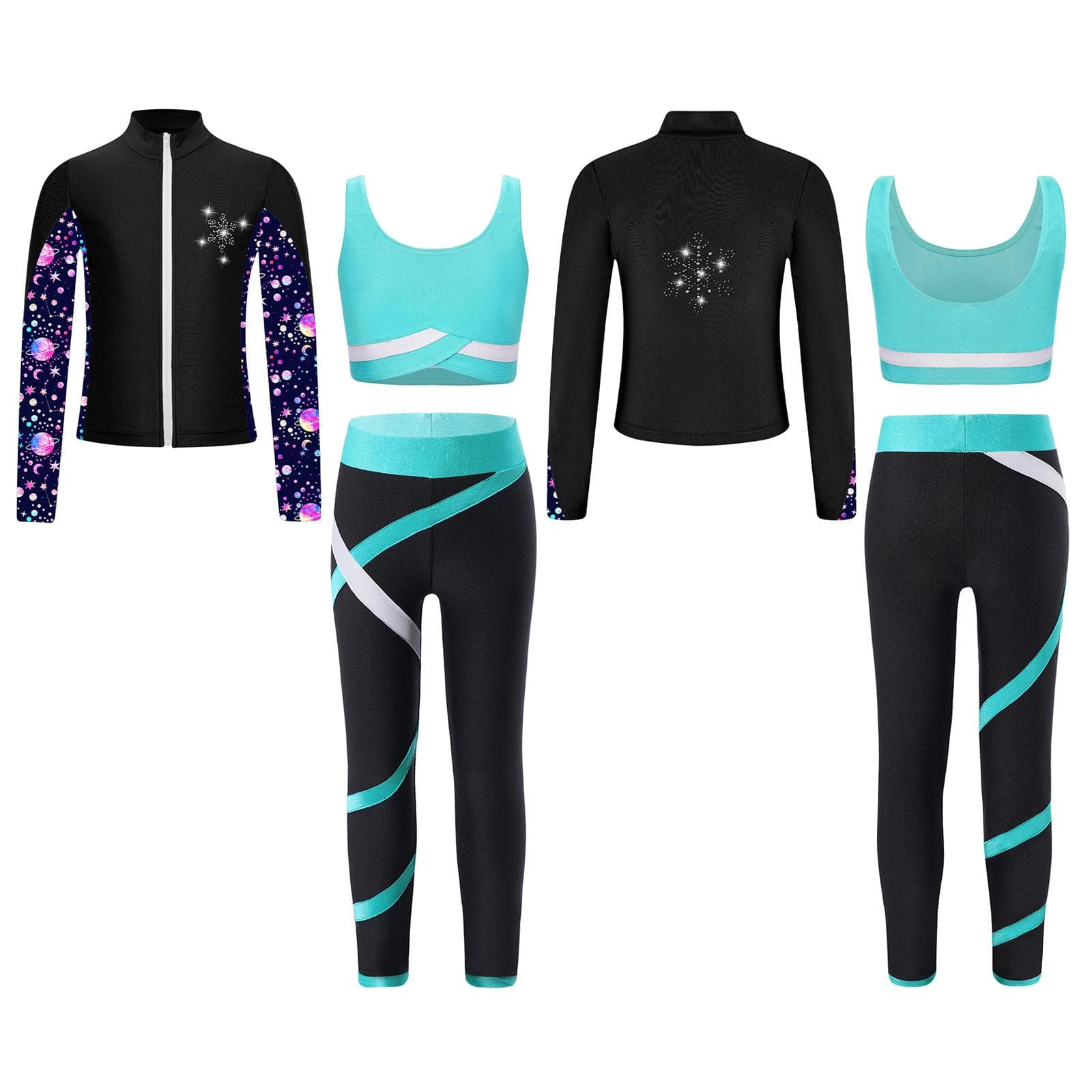Kids 3 Pieces Girl Sports Dance Outfit Crop Tank Top with Athletic Leggings and Long Sleeve Jacket Set Tracksuit 7-8 Years blue/green