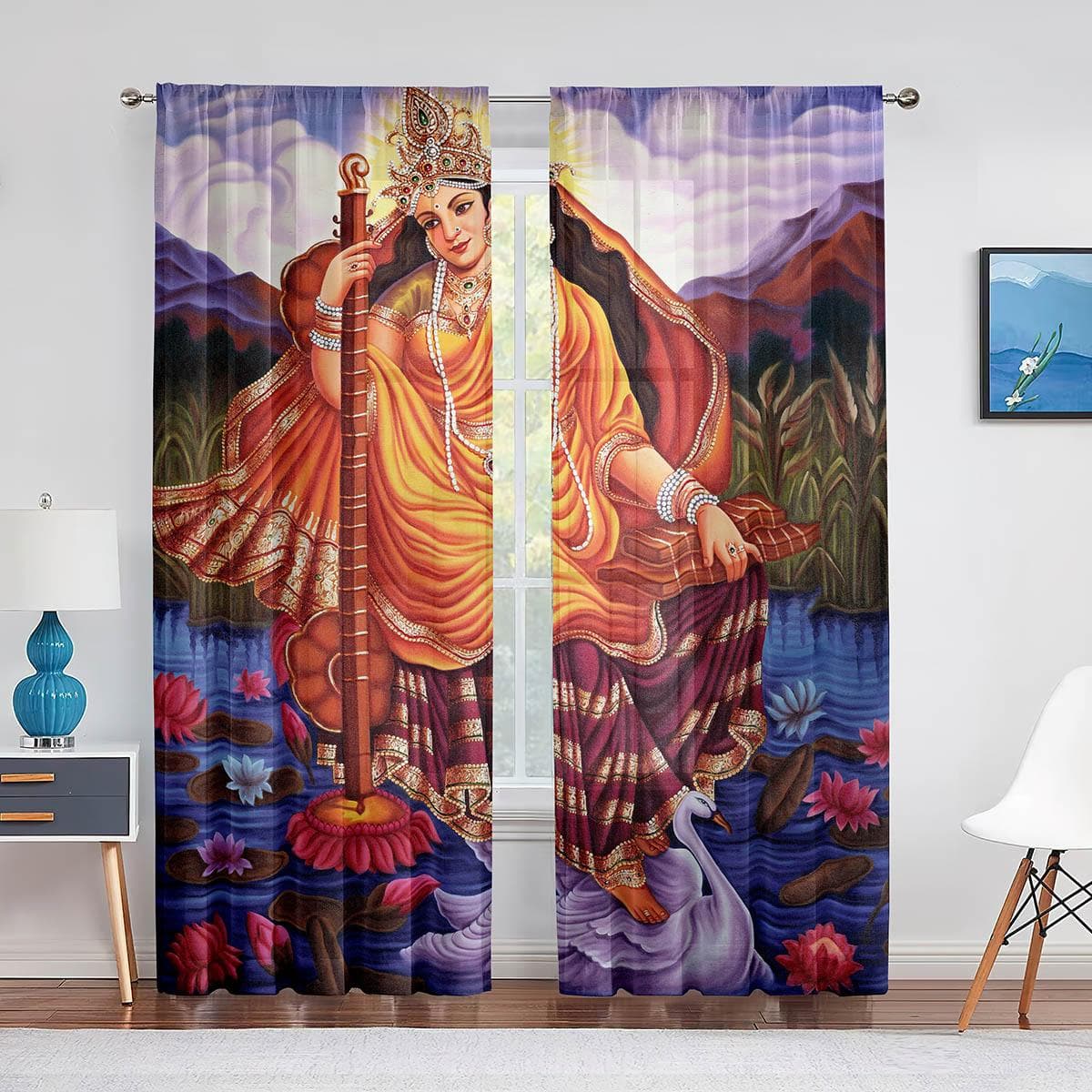 Lord Vishnu on Cloud Tulle Curtains Indian Hindu God Goddess Window Sheer Voile Curtain for Living Room Bedroom Kitchen Decor 1 PCS W100XH250cm&Rod Pocket
