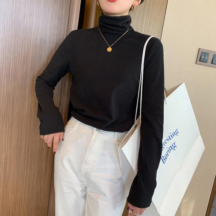 Tops with Velvet Turtleneck Base Shirt for Women Double-sided Velvet Autumn and Winter New White Long-sleeved T-shirt for Women XXXL