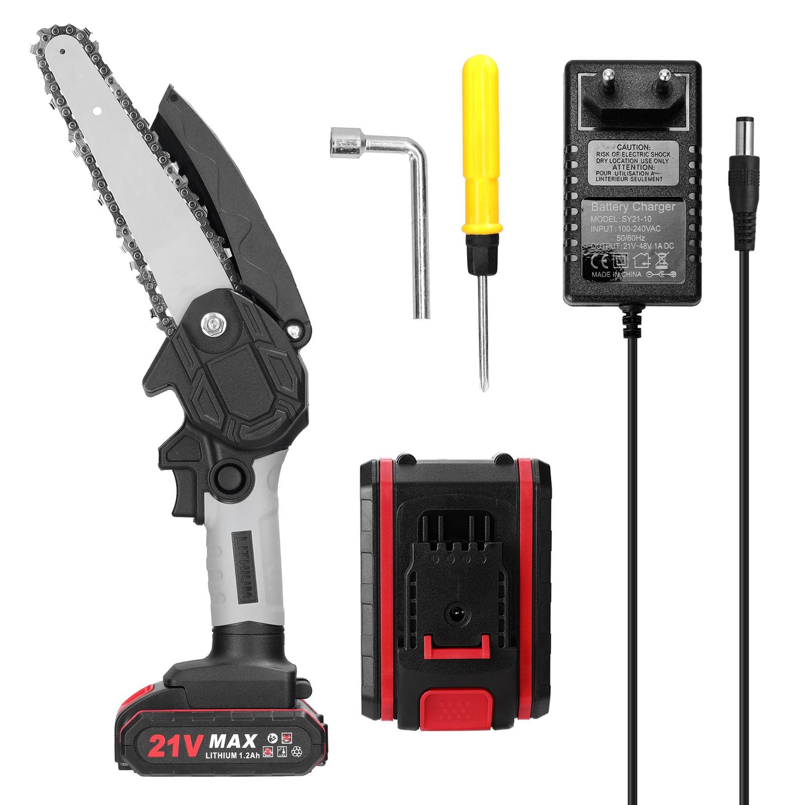 21V 6inch Portable Electric Pruning Saws Small Wood Splitting Chainsaw Brush Motor One-handed EU Plug 2 Batteries