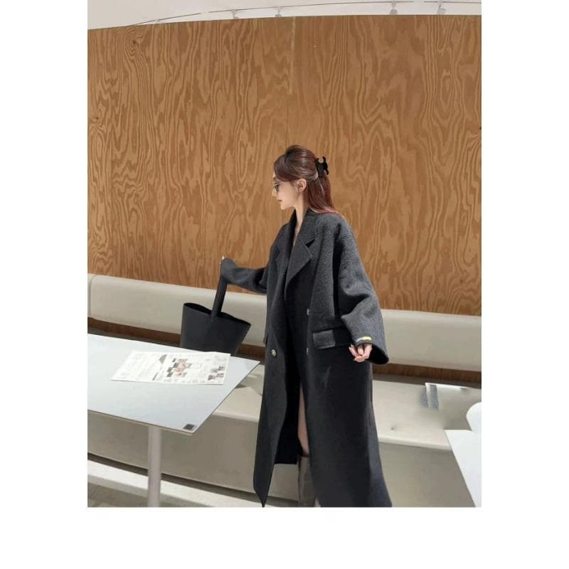 Autumn and Winter Korean Style Long Hair Baby Camel Wool Double-sided Wool Coat Double-breasted Simple High-end Coat New Style for Women M