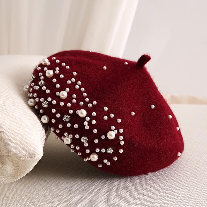 Simulation Pearl Beret Hat for Women Cashmere Winter Retro French Winter Black Red French Artist Flat Fashion Solid Color Lady Vintage Cap wine red