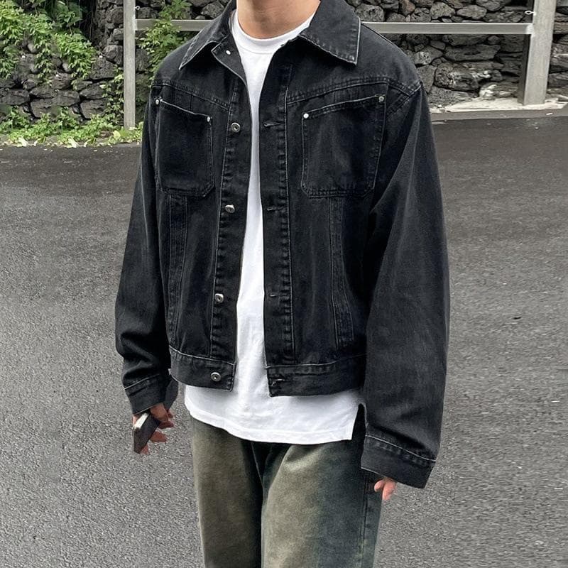 Washed Distressed Lapel Denim Jacket Men's Spring Loose Handsome Jacket Korean Style Trendy Work Jacket 2XL