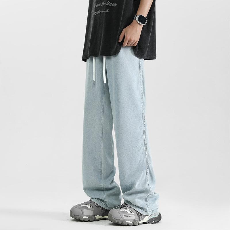 Men's Jeans Summer Thin Ice Silk Pants Retro Washable Old Blue Straight Pants Casual Trousers 3XL