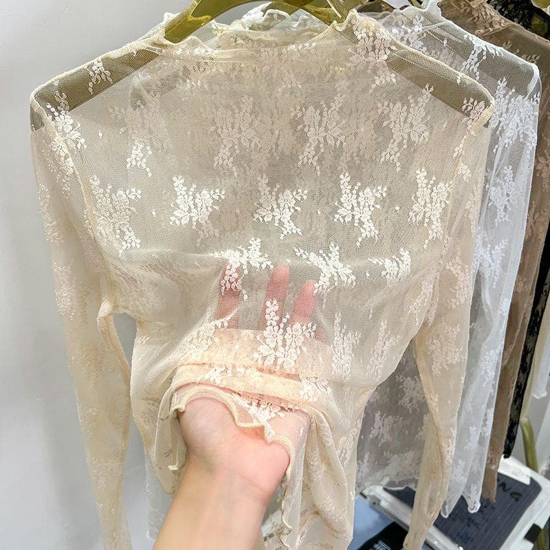 Wooden Ear Edge Lace Leggings Women's Long Sleeve Slim Inside Take Transparent Gauze Top S apricot
