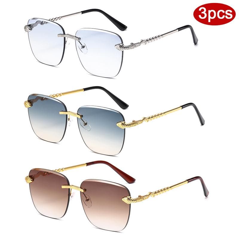 3pcs Rimless Large Rectangle Sunglasses Women Gradient Lens UV400 Protective Glasses Snake Pattern Eyewear