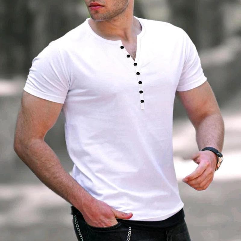 2023 Men's New Fashion Solid Color Short Sleeve T-shirt Casual Sports Button T-shirt Trendy Leggings L white