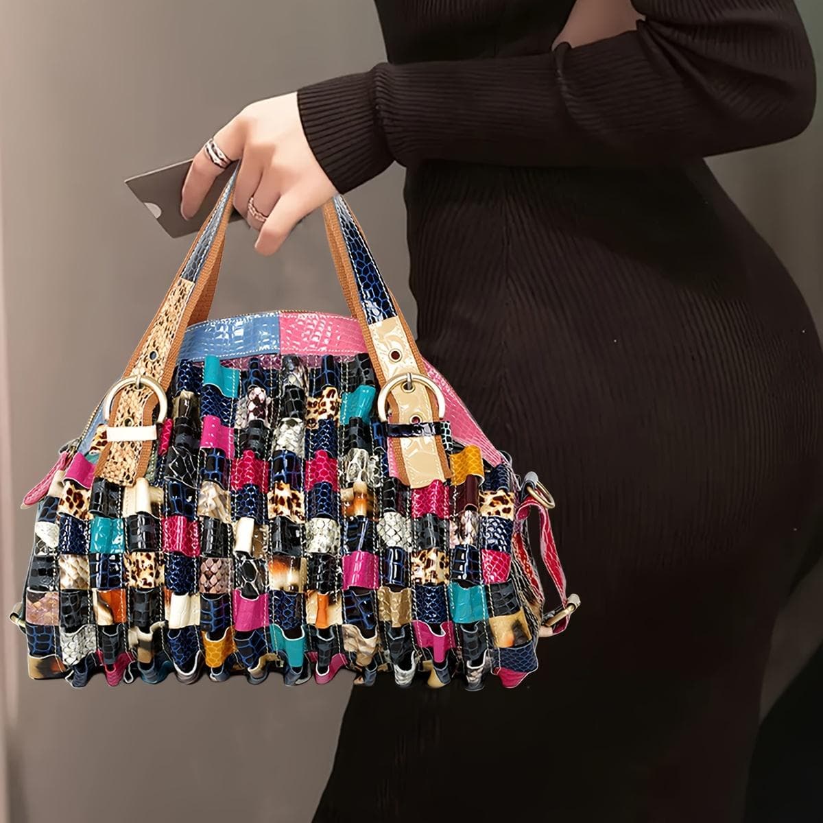 Retro Western Style Satchel Bag, Colorful Braided Design Handbag For Women, Ethnic Niche Bag