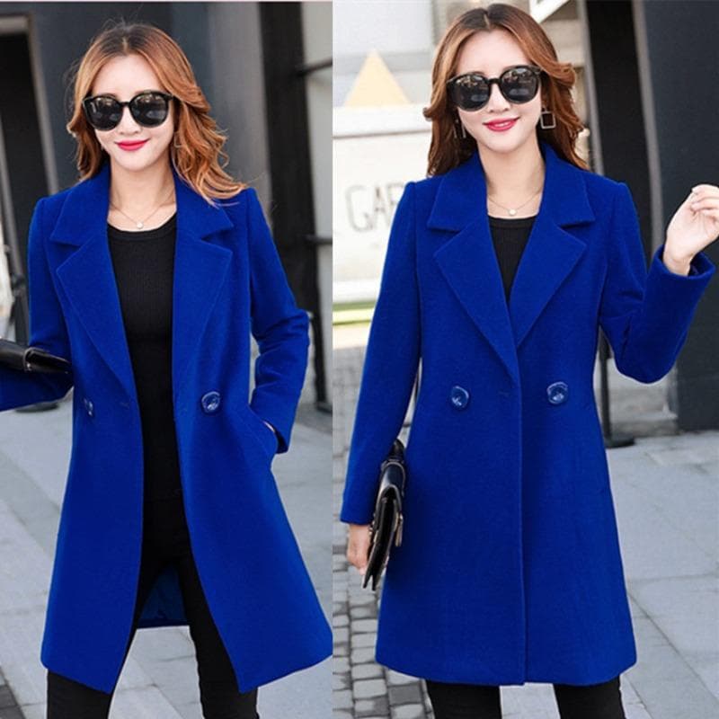 Autumn and Winter Mid-length Woolen Women's Coat Woolen Coat XL blue