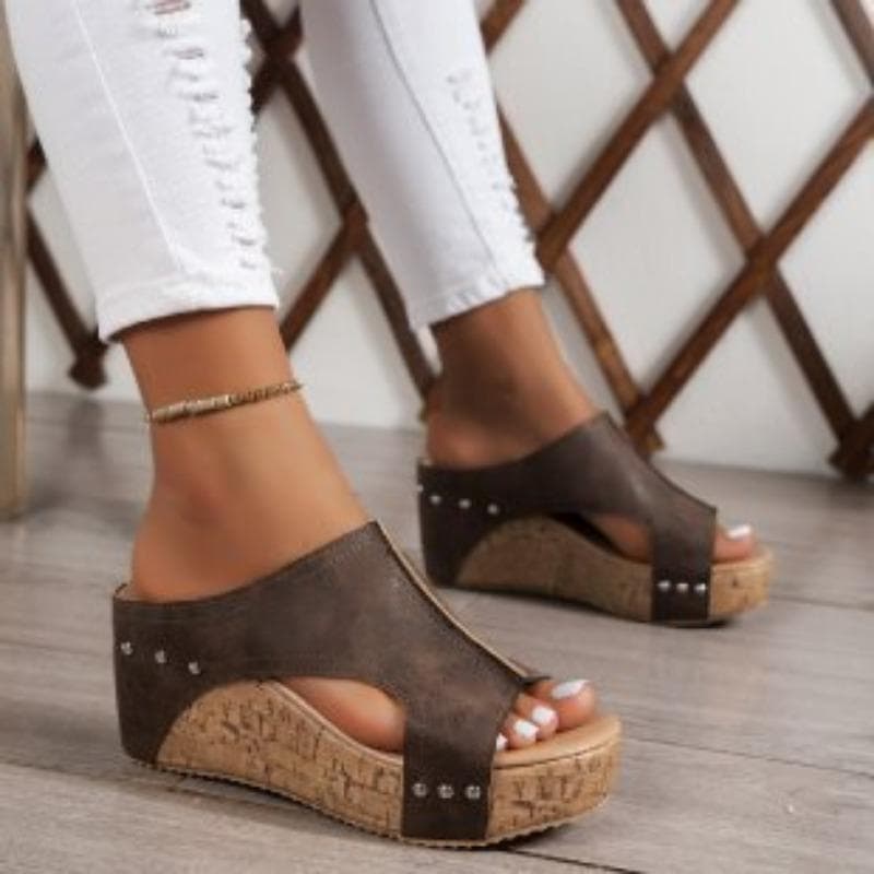 The Popular Summer Round Toe Thick-soled Shoes Roman Sandals and Women's Large-sized Fish-mouthed Sponge Slippers 38 dark brown