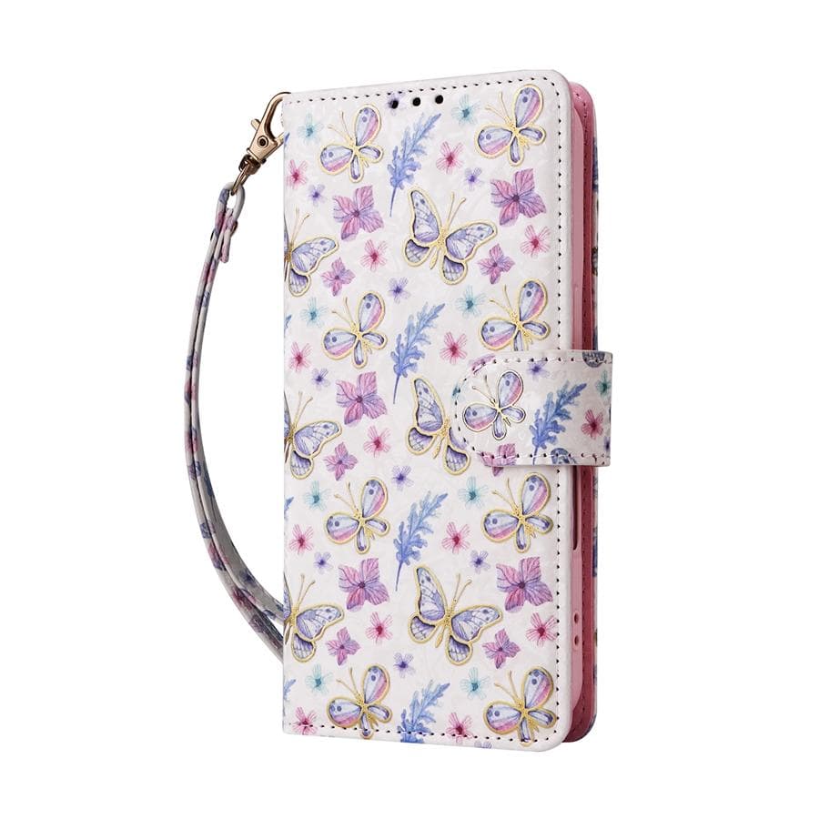 RFID Blocking Anti Theft Brush Embossed Floral Wallet Case with Card Slots for iPhone 16 15 14 13 12 Samsung Galaxy S25 S24 S23 A15 A14 A56 A55 Samsung S10 purple