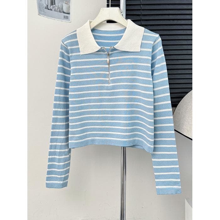 Striped Loose Long-sleeved Lapel Knitted T-shirt for Women with Autumn Design and Stylish Zipper Bottoming Top One size