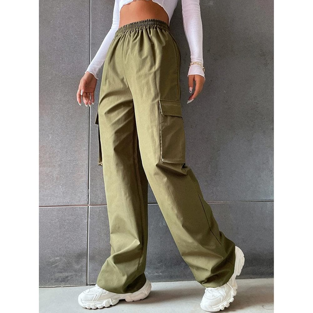 Women's Clothing Popular Solid Color High Waist Flip Pocket Tooling Casual Pants Women XXXL army green