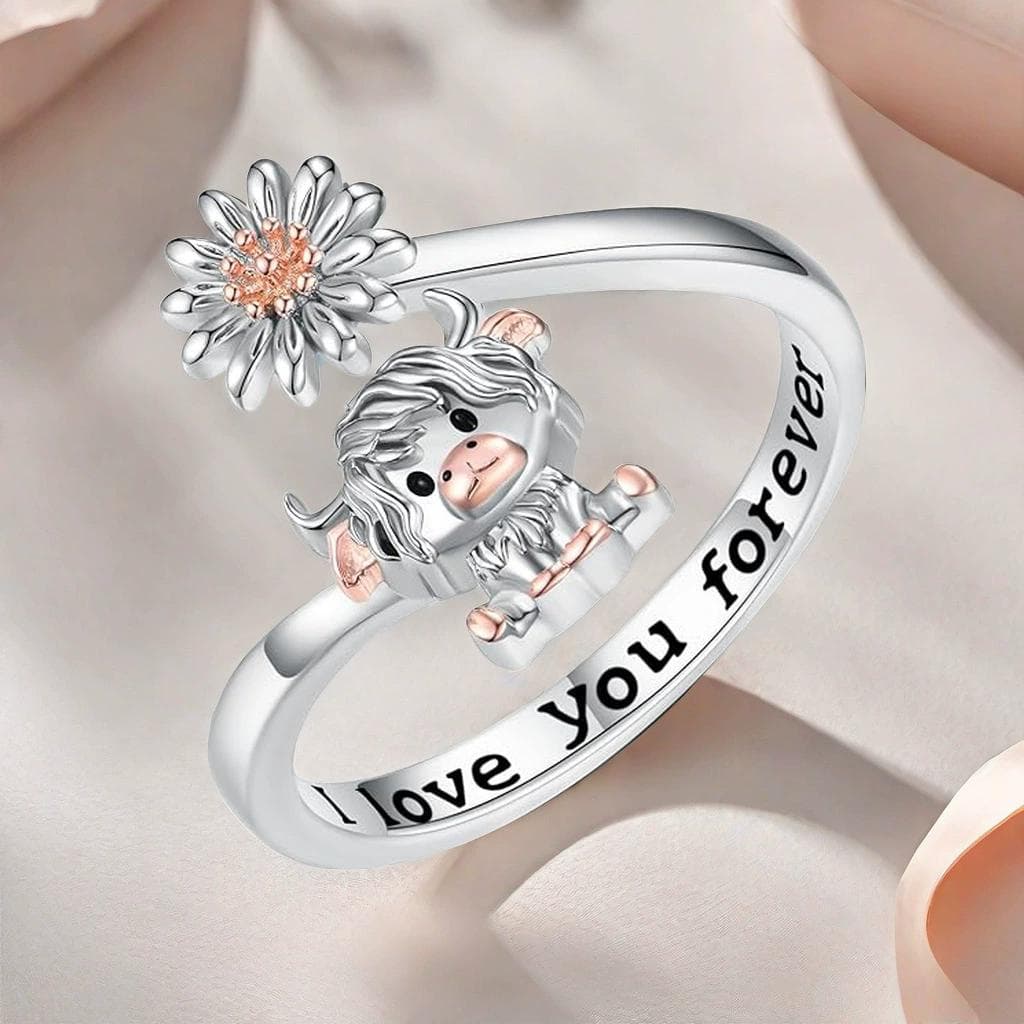 Charm Ladies 1 piece Christmas Thanksgiving Daisy Fashion Highland Cow Open Ring Trendy Jewelry Commemorative Gift Birthday Gift Ring silver