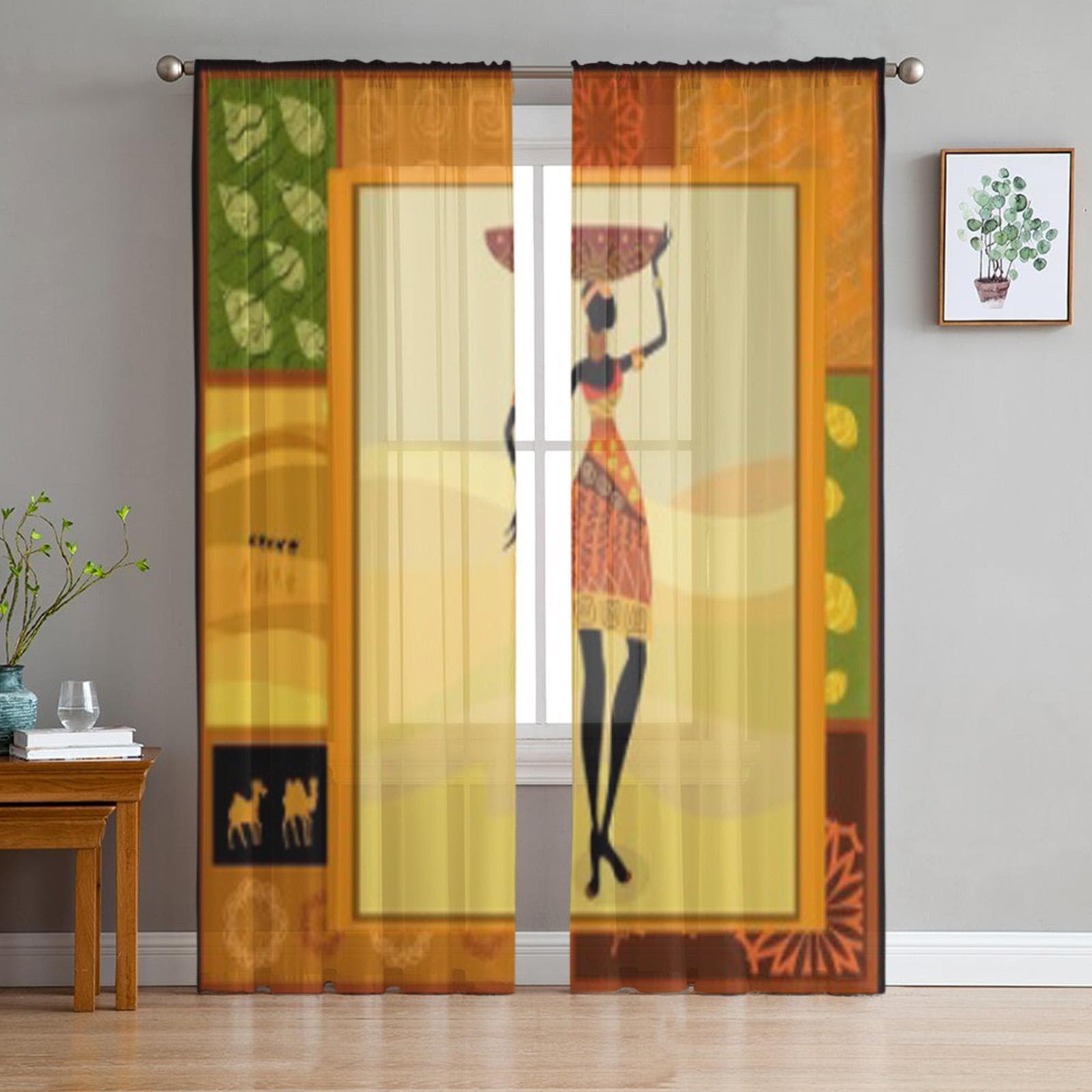 African Girl Dressed In A Decorative Tulle Sheer Curtains for Living Room Bedroom Kitchen Decoration Voile Organza Curtains 135W x 114H(cm)