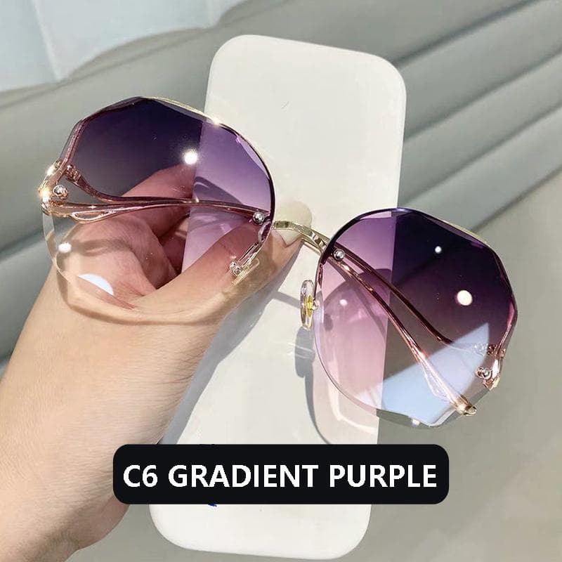 Fashion Tea Gradient Sunglasses Women Ocean Water Cut Trimmed Lens Metal Curved Temples Sun Glasses Female UV400 purple