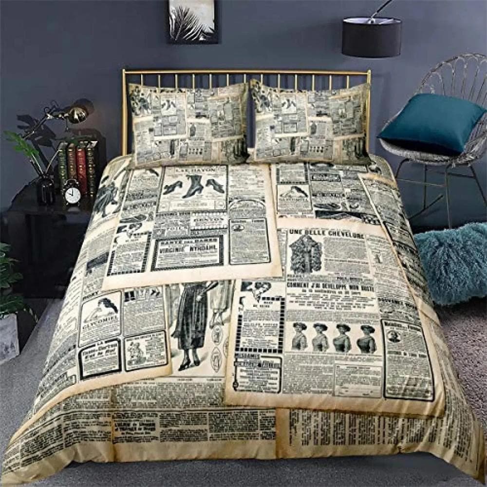 Eiffel Tower Duvet Cover Set Paris France Bedding Sets Queen Size Old Newspaper Style Comforter Cover for Men Women,Gray Stylish 135X200cm-2pcs