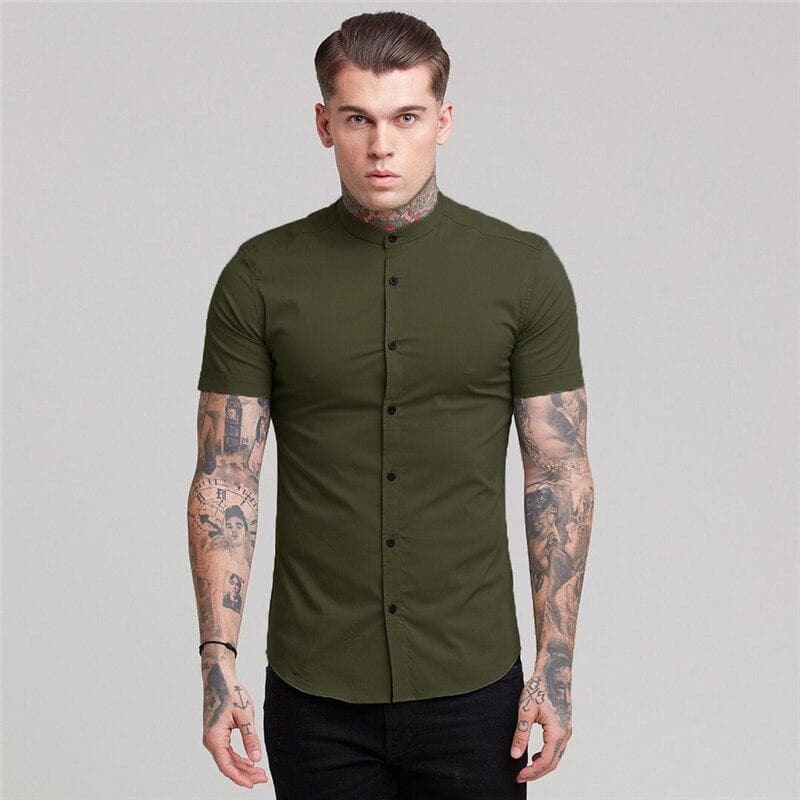 Muscleguys New Arrivals Summer Man Short Sleeve Shirt Solid Fitness Mens Stand Collar Super Slim Fit Business Dress Shirt Button Gym Tops L army green