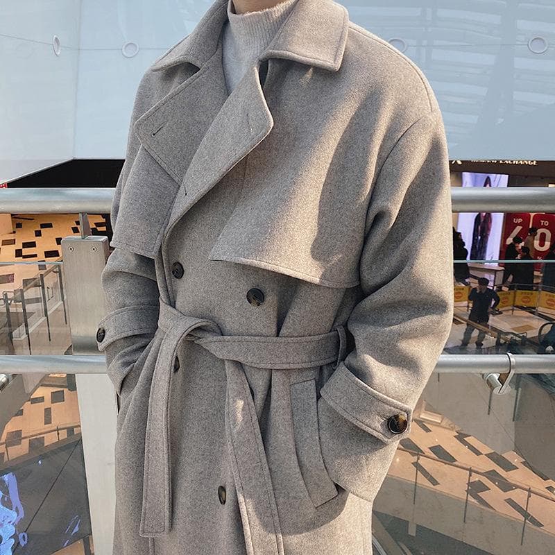 Winter Medium and Long Thickened Woolen Jacket Korean Version Trendy Loose Trench Coat 2XL light grey